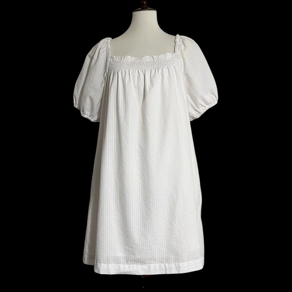 Madewell Puff-Sleeve A-Line Mini Dress in Seersucker Stripe Size L - Picture 3 of 10